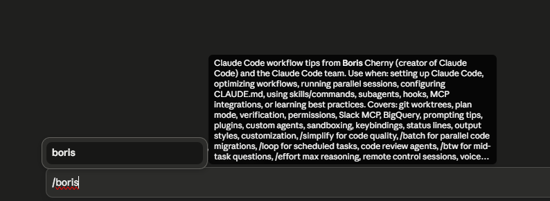 The /boris slash command and its description inside Claude Code